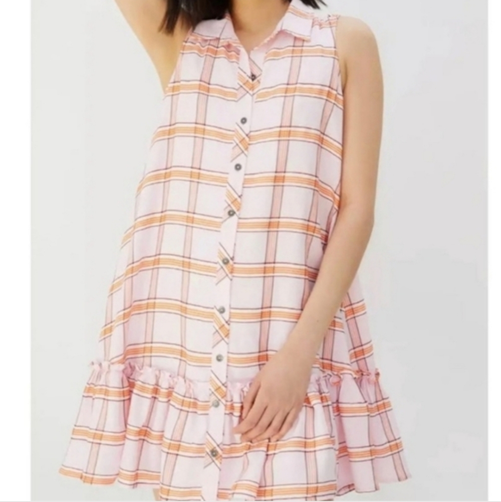 Maeve by Anthropologie Pink Plaid Sleeveless Flounced Ruffle Hem Dress